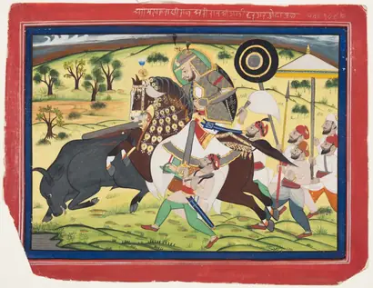 Dokumentasi museum Maharao Ram Singh II of Kota (r. 1828–66) Hunting Buffalo. Nama pembuat belum tercantum pada daftar atribusi museum.