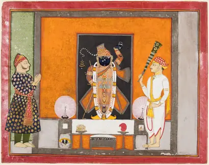 Dokumentasi museum Maharao Ram Singh II of Kota (r. 1828–66) Worships Brij Nathji as the Bridegroom. Nama pembuat belum tercantum pada daftar atribusi museum.