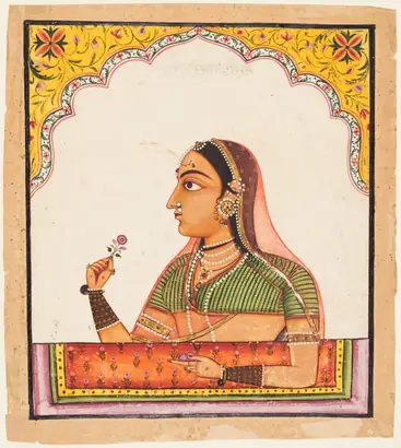 Dokumentasi museum Noblewoman at a Jharokha Window Holding a Rose, from a Portraits of Women series. Nama pembuat belum tercantum pada daftar atribusi museum.