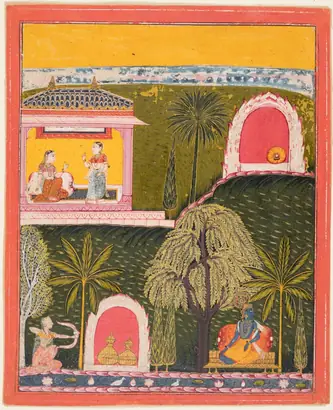 Dokumentasi museum Rati, the Goddess of Erotic Love, Takes Aim at Krishna, from a Rasikapriya. Nama pembuat belum tercantum pada daftar atribusi museum.