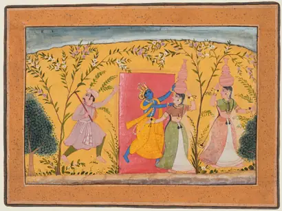 Dokumentasi museum Krishna Exacts a Toll from the Milkmaids: Dana-Lila, from a Bhagavata Purana. Nama pembuat belum tercantum pada daftar atribusi museum.