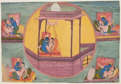 Dokumentasi museum Five Poses of Krishna Making Love, from a Bikaner Bhagavata Purana. Nama pembuat belum tercantum pada daftar atribusi museum.