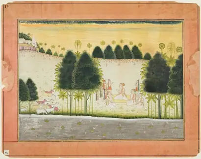Dokumentasi museum Nanda and the Elders in Council with the Cowherds, from a Bhagavata Purana. Nama pembuat belum tercantum pada daftar atribusi museum.