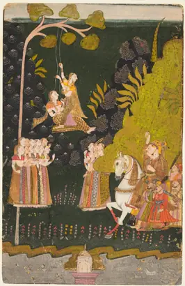 Dokumentasi museum Maharaja Abhai Singh of Marwar (reigned 1724–49), Equestrian, Watching Girls Swinging at the Teej Festival. Nama pembuat belum tercantum pada daftar atribusi museum.