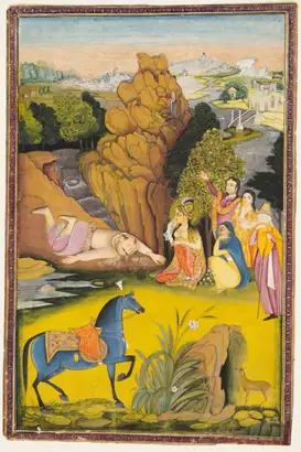 Dokumentasi museum Farhad Kills Himself After Hearing the False News of Shirin’s Death. attributed to: Amar Das Bhatti (Indian, active 1800s); background by: Dana Bhatti (Indian, active 1800s).
