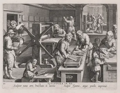 Dokumentasi museum Sculptura in Aes, The Workshop of an Engraver. Jan van der Straet, called Johannes Stradanus (Netherlandish, active Italy, 1523–1605); engraved by: Philip Galle (Flemish, 1537–1612); published by: Philip Galle (Flemish, 1537–1612).