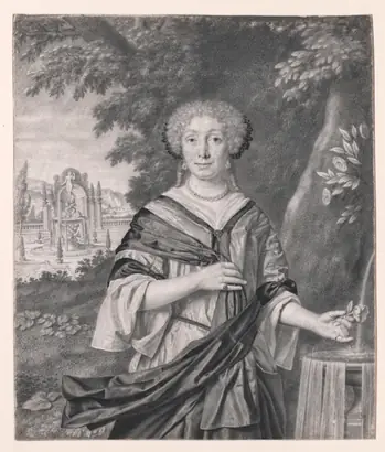 Dokumentasi museum Portrait of a Woman near a Fountain, a Rose in Her Hand. Johan Thopas (Dutch, 1630–1700).