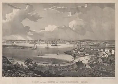 Dokumentasi museum View of the Town of Gloucester, Mass.. Fitz Henry Lane (American, 1804–1865); printed by: Pendleton's Lithography (American, active 1825–1836).