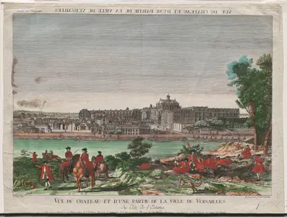 Dokumentasi museum Vue du Chateau et d'une Partie de la Ville de Versailles. Balthasar Friedrich Leizelt (German, 1710–1820); after: Peran menurut katalog: Jacques Rigaud (French, 1681–1754).