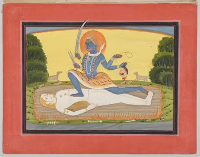 Dokumentasi museum Tantric Devi on Shiva, from a Mandi Devi Series. Nama pembuat belum tercantum pada daftar atribusi museum.