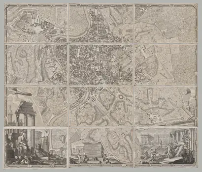 Dokumentasi museum Nuova pianta di Roma data in luce da Giambattista Nolli l’anno MDCCXLVII, known as La Pianta Grande di Roma. Giovanni Battista Nolli (Italian, 1701–1756); engraved by: Carlo Nolli (Italian, 1690–1790); engraved by: Rocco Pozzi (Italian, 1701–1774); engraved by: Pietro Campana de Soriano (Italian, 1725–c. 1779); designed by: Stefano Pozzi (Italian, 1699–1768).