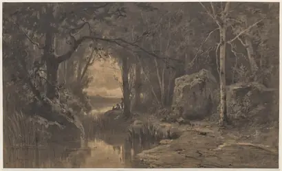 Dokumentasi museum Three Fishermen Along the Banks of a River at the Edge of a Forest. Adolphe Appian (French, 1818–1898).