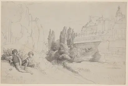 Dokumentasi museum View across the Moat towards the Thomasschule and the Thomaskirche in Leipzig. Julius Schnorr von Carolsfeld (German, 1794–1872).