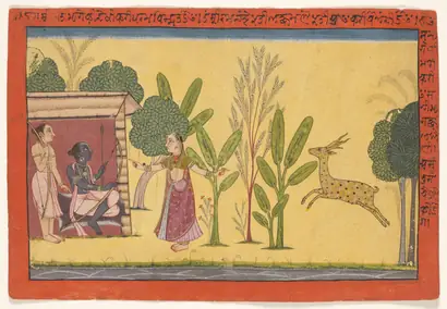 Dokumentasi museum Sita asks Rama to fetch the golden deer, from the “Shangri” Ramayana. Nama pembuat belum tercantum pada daftar atribusi museum.