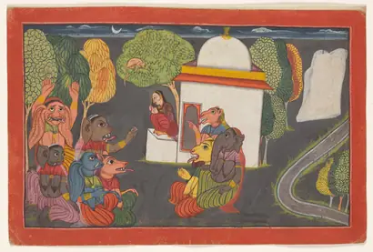 Dokumentasi museum Hanuman spies Sita in the Ashoka Grove, from the “Shangri” Ramayana. Nama pembuat belum tercantum pada daftar atribusi museum.
