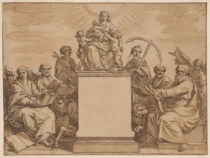 Dokumentasi museum The Three Theological Virtures: Faith, Hope, and Charity, Surrounded by the Four Evangelists. Pieter I de Jode (Flemish, 1570–1634).