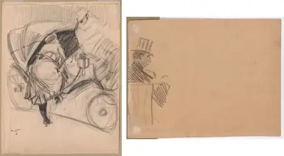 Dokumentasi museum Woman Entering a Fiacre (recto); Right Profile of Man Wearing Tall Hat (verso). attributed to: Jean Louis Forain (French, 1852–1931).