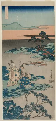 Dokumentasi museum The Minister Toru Daijin Standing by a Lake Beneath a Crescent Moon, from the series A True Mirror of Chinese and Japanese Poetry. Katsushika Hokusai (Japanese, 1760–1849).