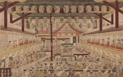 Dokumentasi museum Perspective View of the Interior of the Nakamura Theater with Ichikawa Ebizo II as Yanone Goro. Okumura Masanobu (Japanese, 1686–1764).