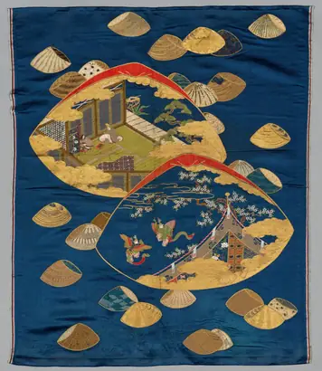 Dokumentasi museum Gift Cover (Fukusa) with Tale of Genji Shell-Matching Game. Nama pembuat belum tercantum pada daftar atribusi museum.