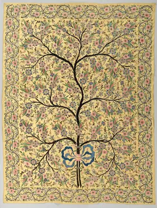 Dokumentasi museum Silk hanging with embroidered tree of life. Nama pembuat belum tercantum pada daftar atribusi museum.
