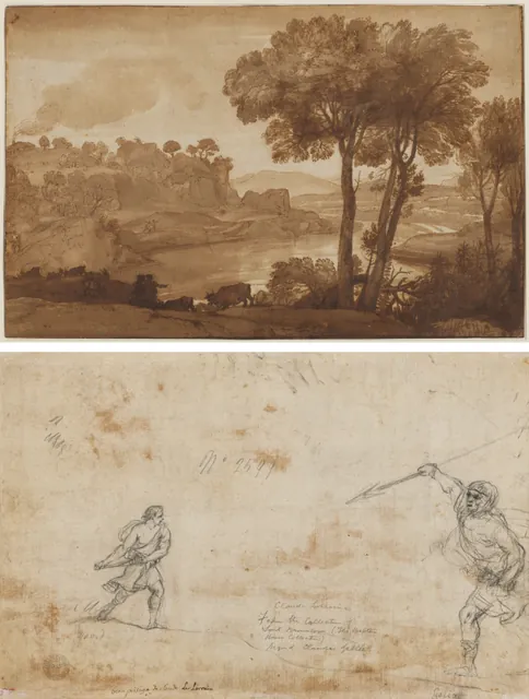 Dokumentasi “View of the Acqua Acetosa (recto); David and Goliath (verso)”; pen and brown ink and brush and brown wash over graphite, framing lines in brown ink. Cleveland Museum of Art.