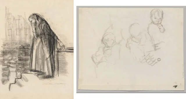 Dokumentasi “Pregnant Woman Contemplating Suicide (recto) Three Studies of a Child (verso)”; black chalk or charcoal? (rubbed in places). Cleveland Museum of Art.