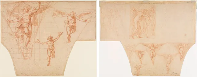 Dokumentasi “Three Studies of Angels for a Pendentive (recto); Studies for Christ Meeting His Mother on the Road to Calvary, Studies of an Angel in a Pendentive (verso)”; red chalk; squared in red chalk (left half), framing lines in red chalk. Cleveland Museum of Art.