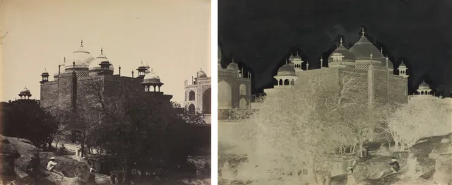 Dokumentasi “Taj Mahal, Back View of the Rest-House, with Figure”; wax paper negative and albumen print. Cleveland Museum of Art.