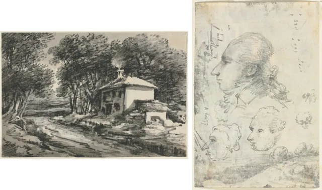 Dokumentasi “Landscape with Cottage (recto); Studies of Heads (verso)”; black chalk and gray wash with scraping. Cleveland Museum of Art.