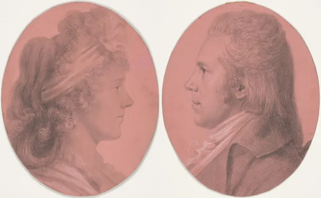 Dokumentasi “Portraits of Georges Arnold Fitzwilliam and Portrait of Eleanor Ramsay Fitzwilliam; a pair”; Black and white chalk on buff paper with pink wash in original frames. Cleveland Museum of Art.