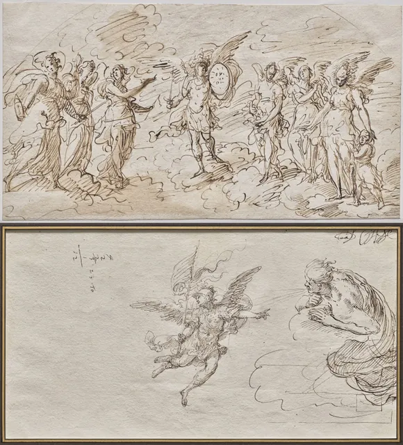 Dokumentasi “The Seven Archangels (recto); Studies of an Archangel and a Wind God (verso)”; Pen and brown ink, brown wash, traces of black chalk (recto); pen and brown ink (verso),. Cleveland Museum of Art.